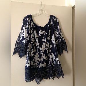 Navy Blue and White blouse with Embroidered Lace Size XL